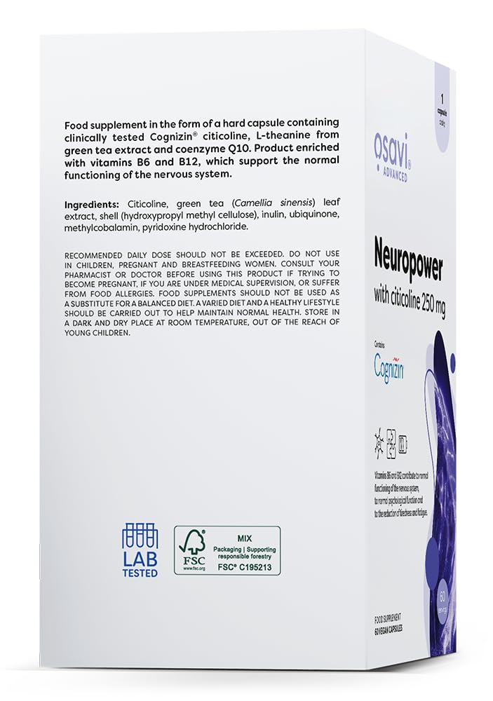 Osavi Neuropower with Citicoline 250 mg – 60 Vegan Capsules | Supports Nervous System & Psychological Health | Includes Cognizin® Citicoline, L–Theanine, Coenzyme Q10, B6 & B12 for Mental Clarity