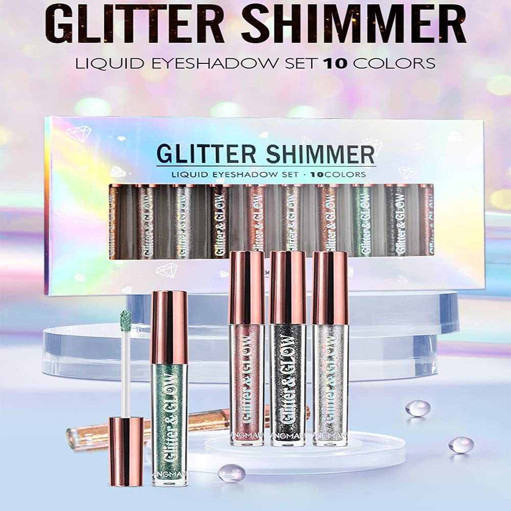 HQDA 10 Colors Liquid Eyeshadow Shimmer Glitter Metallic Eyeshadow Smokey Eye Looks Waterproof Long Lasting Quick Drying Eye Shadow Make up Kits (10 Colors)