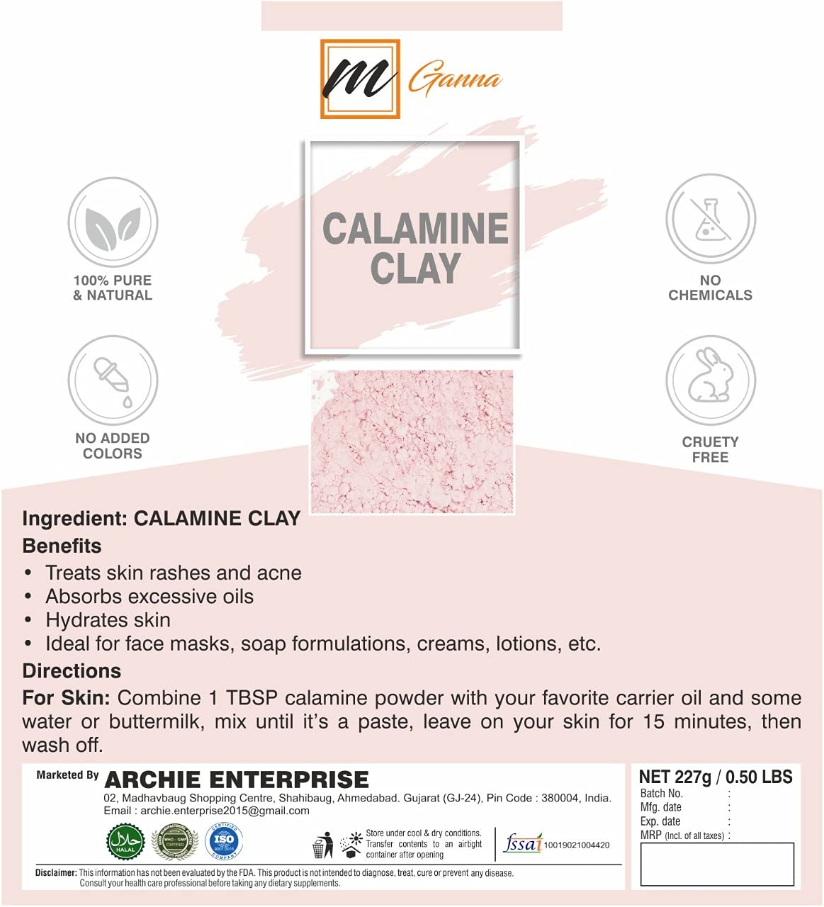 mGanna 100% Natural Calamine Clay Powder (1 Pound) for Anti-Ageing & Skin Firming, Creams, Lotion and Soap Making 1 LBS / 454 GMS