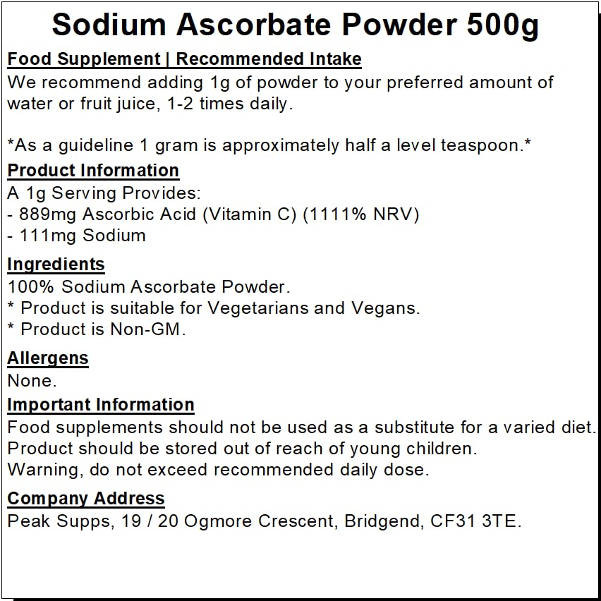 Peak Supps Sodium Ascorbate Powder | Buffered Vitamin C | Vegan | Packaging May Vary (500g)