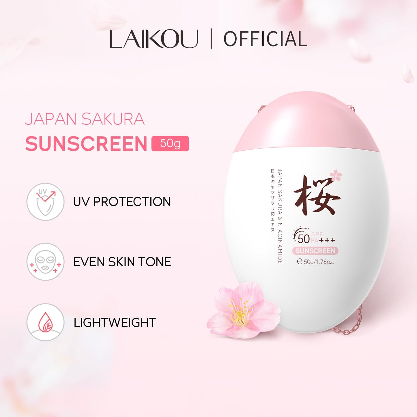 LAIKOU Japan Sakura Face Sunscreen SPF 50+ PA+++, Lightweight Face Sun Cream, Waterproof Face Moisturiser with Spf, UVA & UVB Protection, Refreshingly Non-Sticky, 50g (Pack of 2)