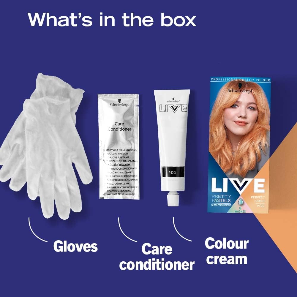 Schwarzkopf LIVE Pretty Pastels Semi-permanent Peach Copper Hair Dye, Lasts Up To 8 Washes - Perfect Peach P122 (Pack of 3)