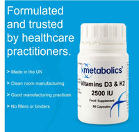 Metabolics Vitamin D3 and K2 2500 IU | Vegetarian Vitamin D Supplement | High Quality Vitamin D and K2, Increased Vitamin D Absorption, In Vegetable Capsules- Manufactured In The UK, Supports Healthy Bones, Teeth and Cell Division- No Caking Agents