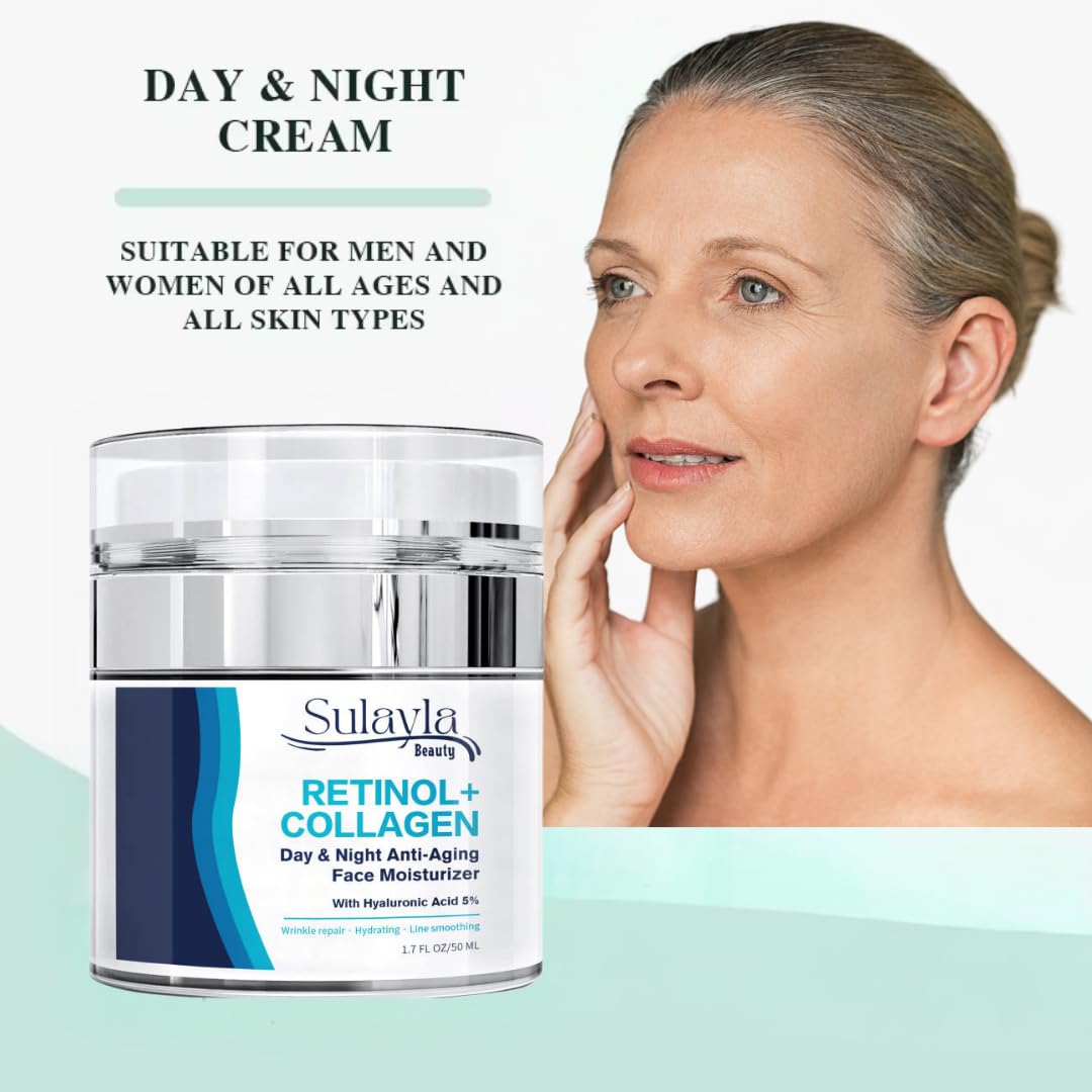Sulayla Beauty Retinol+ Collagen Day & Night Anti-Aging Face Moisturizing Cream with 5% Hyaluronic Acid & Vitamin E | The Best Anti Aging Cream to Reduce Wrinkles & Age Spots for Women