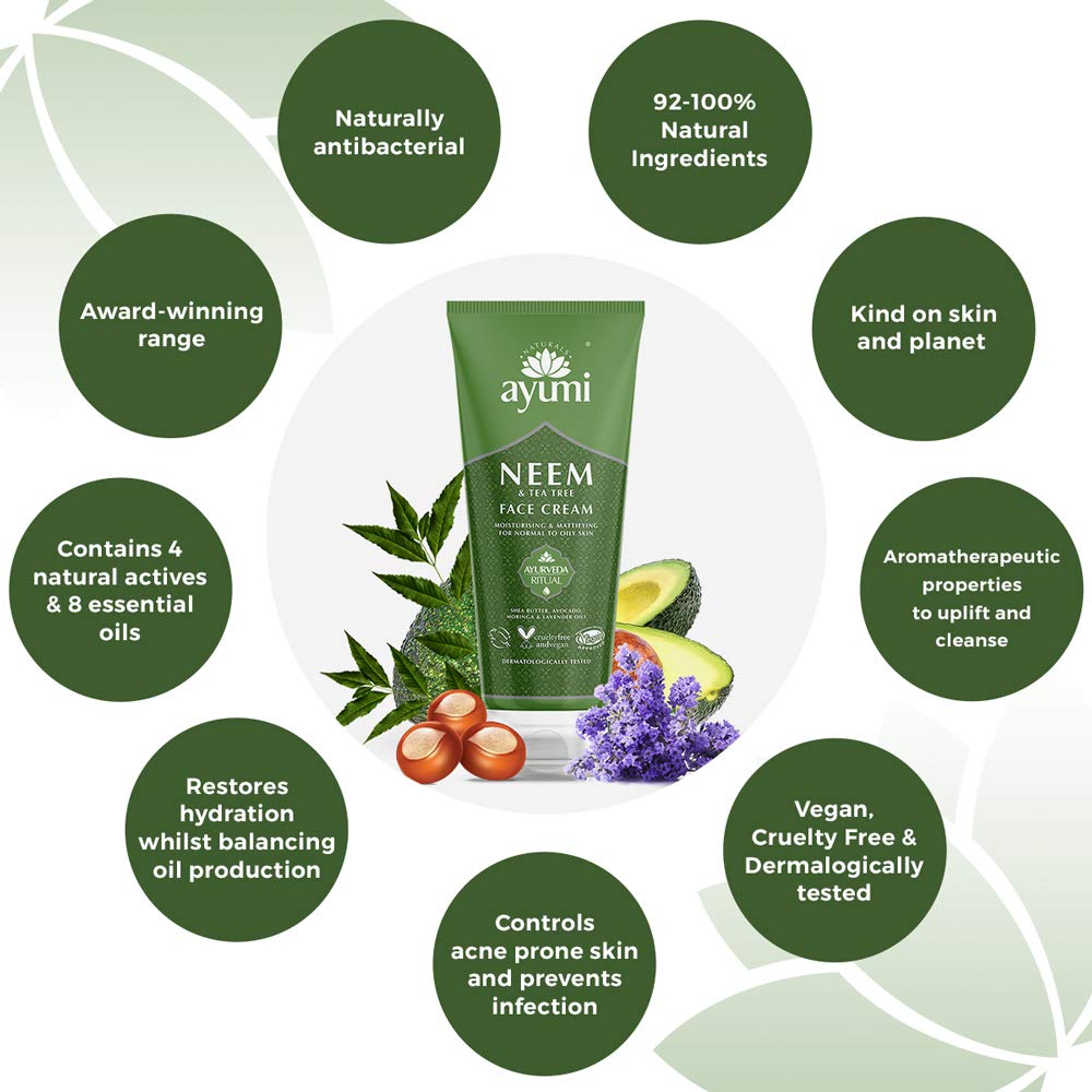 Ayumi Neem & Tea Tree Face Cream, Balanced Blend of Moisturisers & Moringa Oil to Maintain Hydration For Oil-Prone Skin, With Witch Hazel & a Hint of Nettle - 2 x 100ml