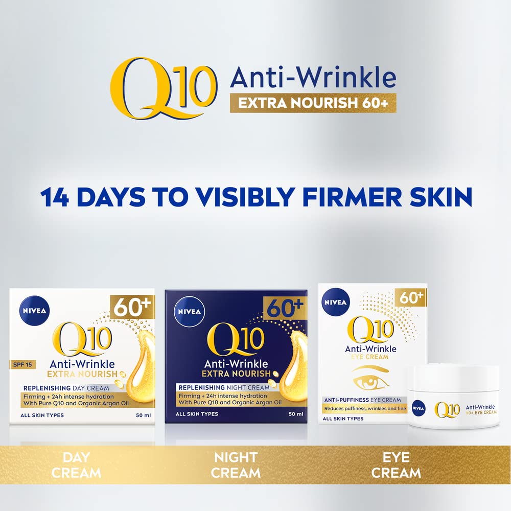 NIVEA Q10 60+ Anti-Puffiness Eye Cream (20ml), Anti-Wrinkle Eye Cream with Triple Strength Formula Made with Q10, Rose Petal Oil, and Calcium, Designed for 60+ Skin