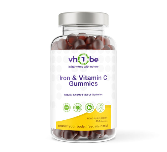 Iron Gummies with Vitamin C | for Teens & Aduts |High Strength Iron Supplement for Energy & Immunity | 150 Vegan Cherry Flavour Gummies | Gentle on Stomach | by vh1be