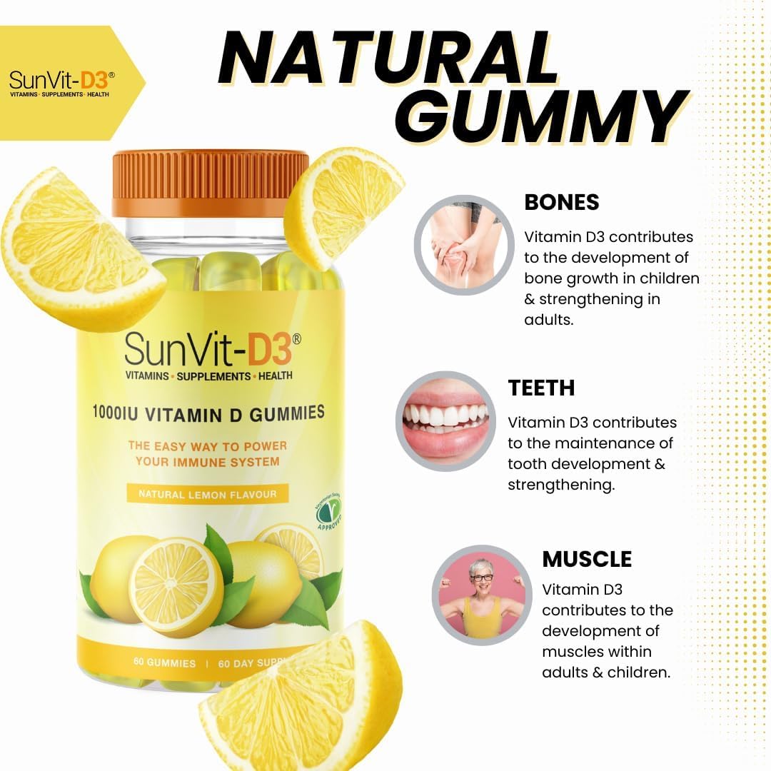 SunVit-D3 Sunvit-D3 Lemon Vitamin D3 Gummies 1,000IU - Vitamin d Gummies for Adults & Menopausal Women | Alleviating Back & Muscle Discomfort | Chewable & Calcium Vitamin D Gummies Suitable for Ages 11 & Above