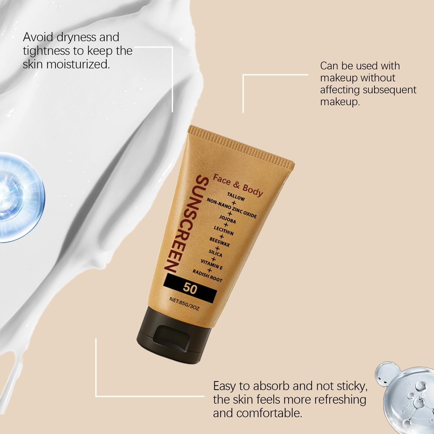 Xunzhi Tallow Sunscreen SPF50,Non Nano Zinc Oxide Sunscreen Balm,Face and Body S/unscreen,Tallow Face Sun Cream,SPF50 Suncream,F/ace Moisturiser,T/allow Sunblock,F/ace Sun Cream,Moisturising Suncream,85g