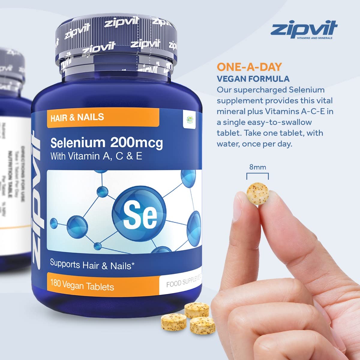 Zipvit Selenium 200mcg with Vitamins ACE, 180 Vegan Tablets, High Strength Selenium Supplement, Supports Hair and Nails, Immune System and Thyroid Function, 6 Month Supply, UK Supplier