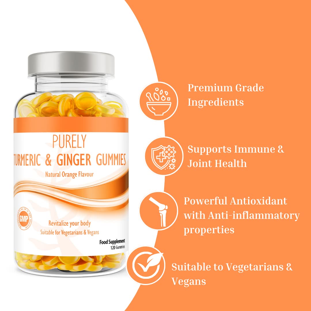 Pure Food Supplements Turmeric and Ginger Gummies | 120 Tasty Natural Orange Flavour Gummies for Adults | Suitable for VEGETERIANS & Vegans | Joint & Immune Health