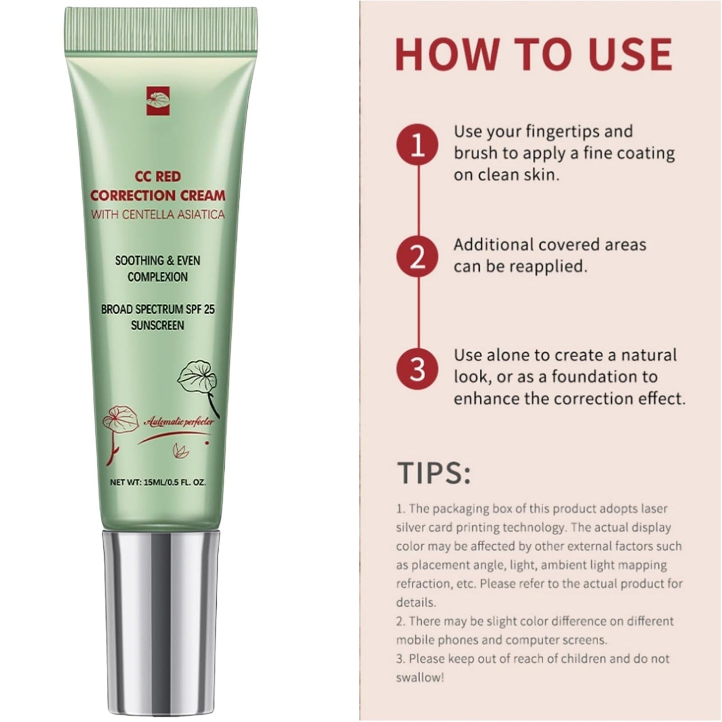 GUOUURR 【Green Colour Corrector CC Cream with Anti-Redness Concealer】Lightweight Face Primer to Neutralise Redness & Even Skin Tone, Vegan & Cruelty-Free Formula (15ml)