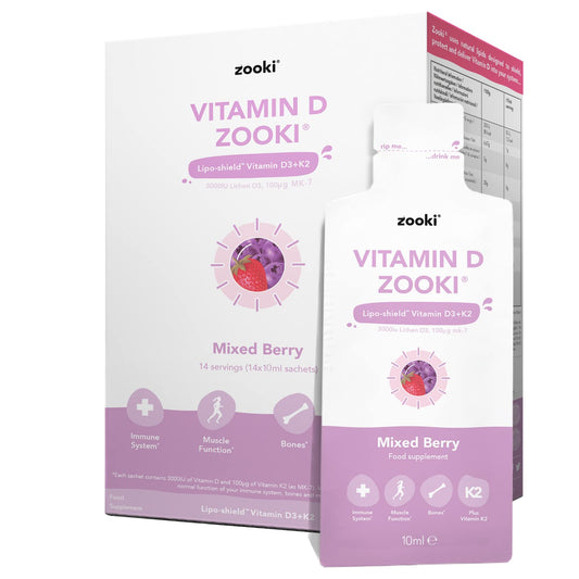 YourZooki - Vitamin D3 + K2 Liquid Sachets - Vegan Friendly D3, Natural Ingredients - Immune System, Muscle Function, Bones- (Mixed Berry, Box of 14)