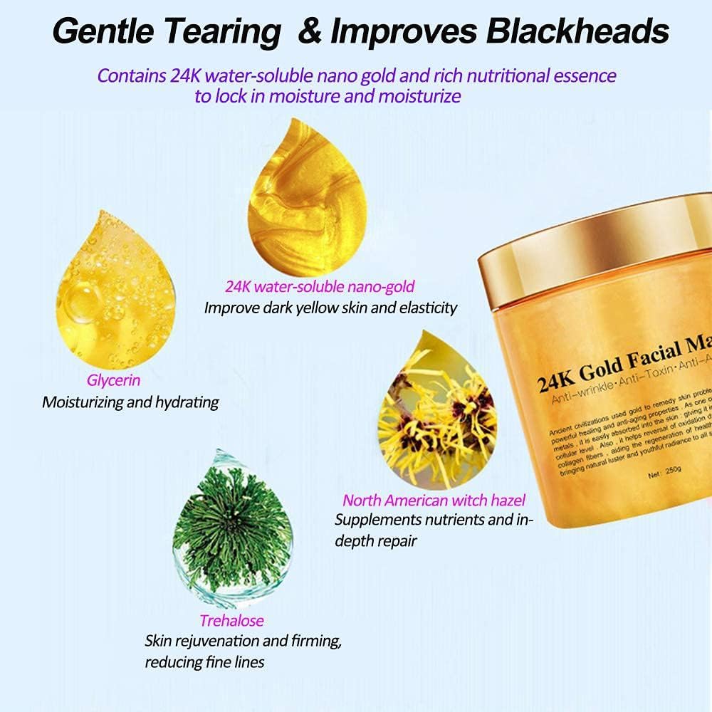 Chenkxin 24K Gold Facial Mask, Gold Peel Off Mask, Rejuvenating Collagen Face Mask For Flawless Skin, Reduces Fine Lines & Wrinkles, Clears Acne, Minimizes Pores, Moisturizes & Firms Up Your Skin, 250g