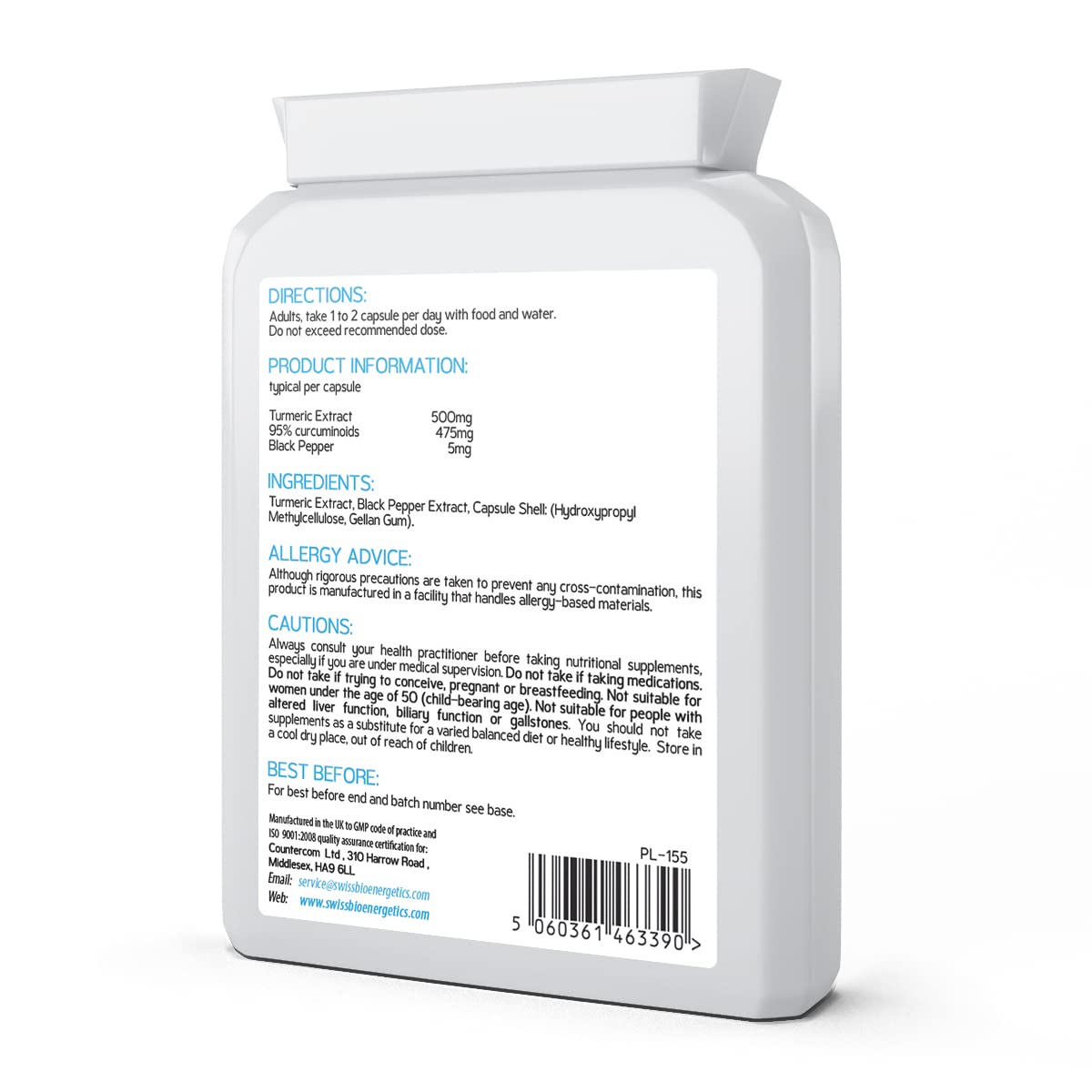 Premium Curcumin 95% with Black Pepper Extract 500mg - 60 Vegan Capsules - Turmeric Extract Minimum 95% Curcuminoids