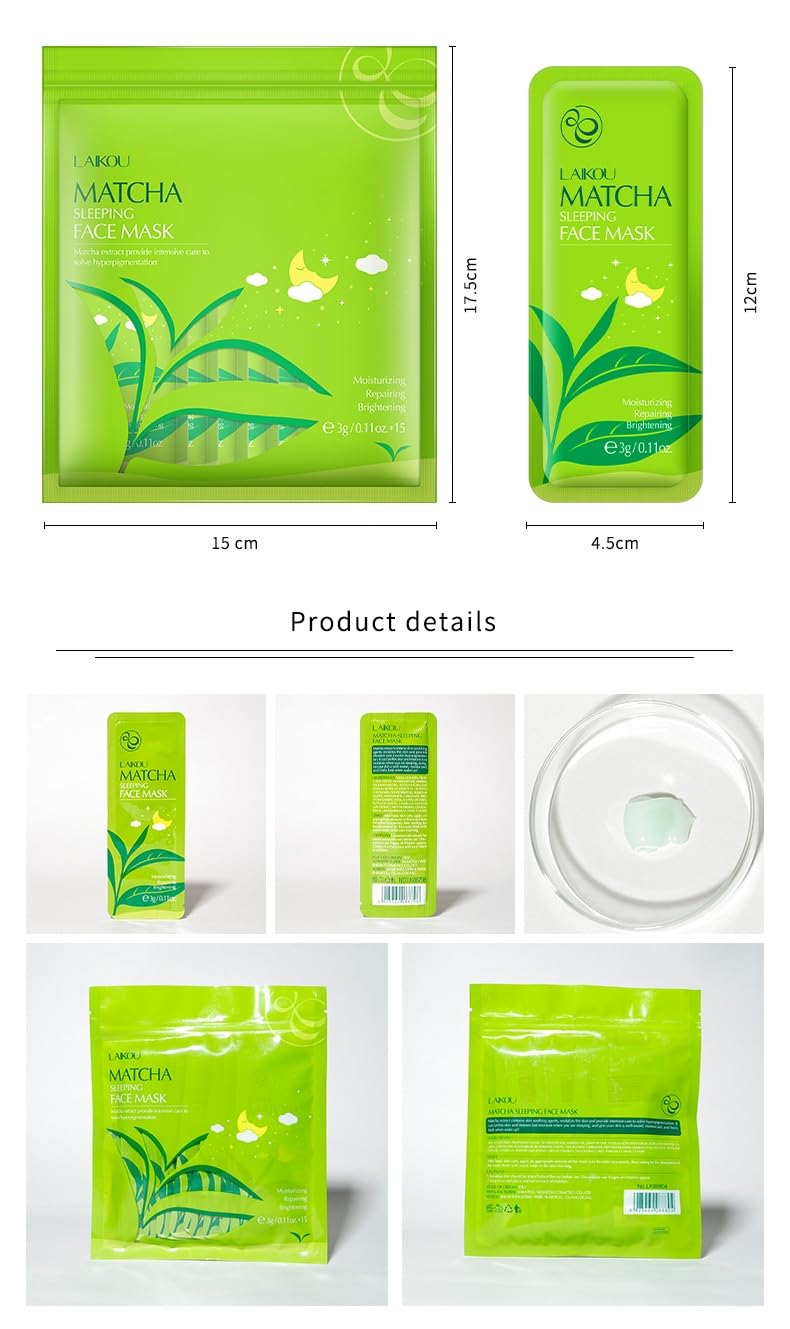 Matcha Tea Sleeping Face Mask Cream, 15 Pack x 3g, Moisturising and Repairing Night Treatment, Green Tea