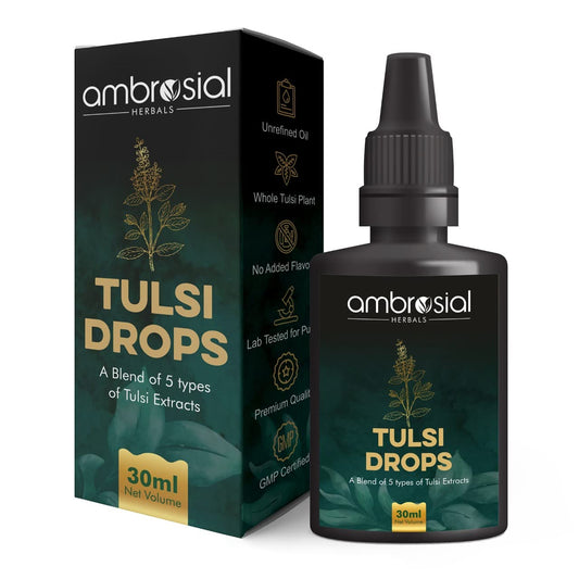 Ambrosial Tulsi Drops Concentrated Extract of 5 Tulsi 30ml | Natural Immunity Booster | Relieves Cough & Cold | Raw Extract of Holy Basil Leaf (30ml)