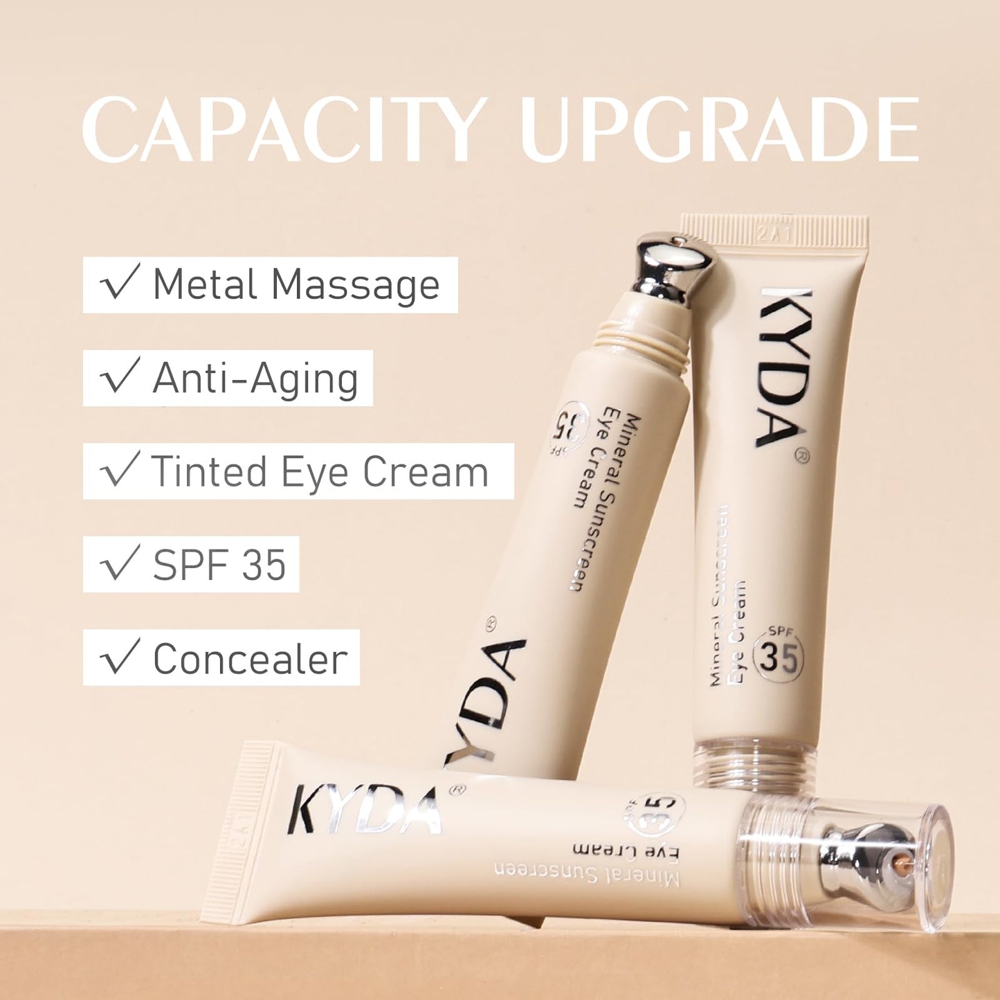 KYDA Mineral Sunscreen Eye Cream, Packaging Upgrade, 3-in-1 Anti-Aging Under Eye Cream for Dark Circle and Fine Lines, SPF 35, Medium