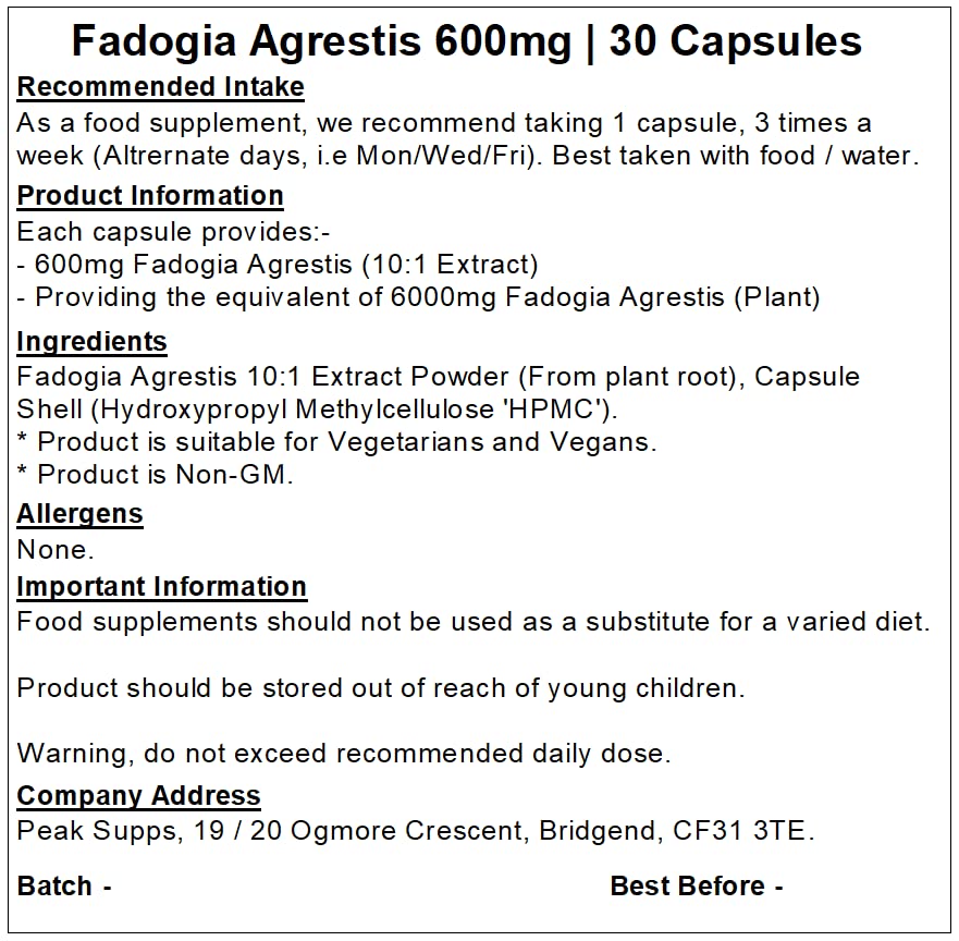 Peak Supps Fadogia Agrestis Extract 600mg - 30 Capsules - Root - Vegan
