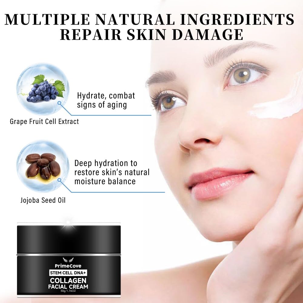 PrimeCove - Stem Cell DNA+ Collagen Facial Cream (50g) | Hydrate, Combat Aging & Soothe | Powerful Ingredients - Grape Fruit Cell Extract, Hydrolyzed Collagen & More