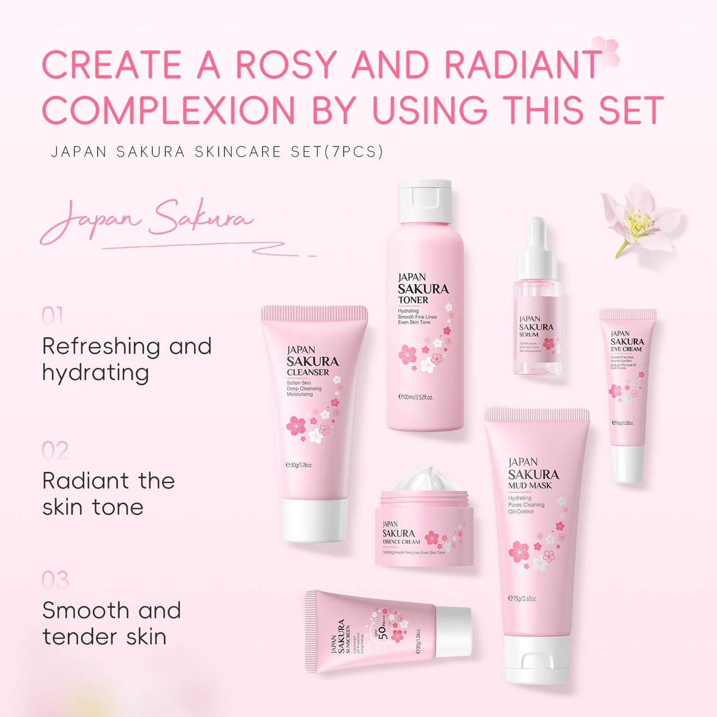 Ingzy Sakura Skin Care Sets & Kits for Teenage Girls, 7 Piece Cherry Blossom Skincare Gift Set with Cleanser, Face Toner, Face Cream, Serum, Eye Cream, Mud Mask, Sunscreen