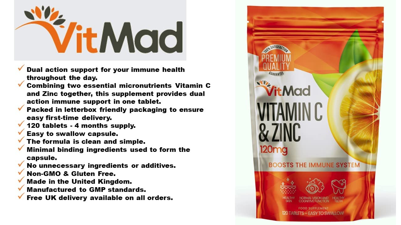 Vitmad Vitamin C (100mg) and Zinc (20mg) - 120 Tablets - Immune System Support - High Strength