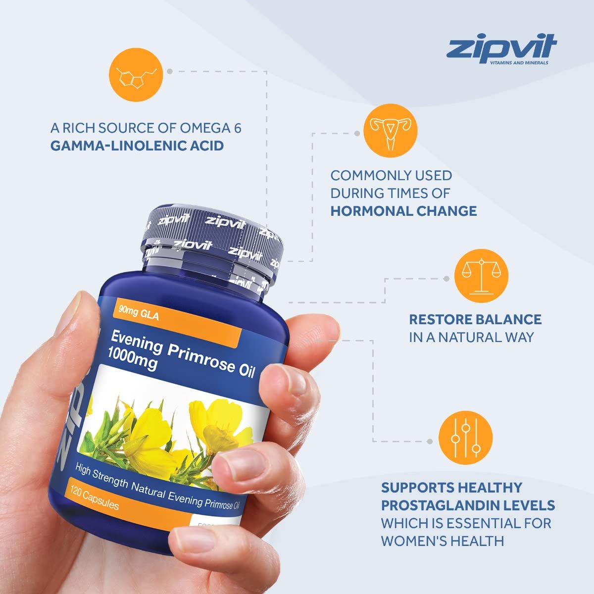 Zipvit Evening Primrose Oil 1000mg, 120 Softgel Capsules, Pure Cold Pressed Evening Primrose Oil, High in Omega 6 Gamma Linolenic Acid, Supports Women's Health
