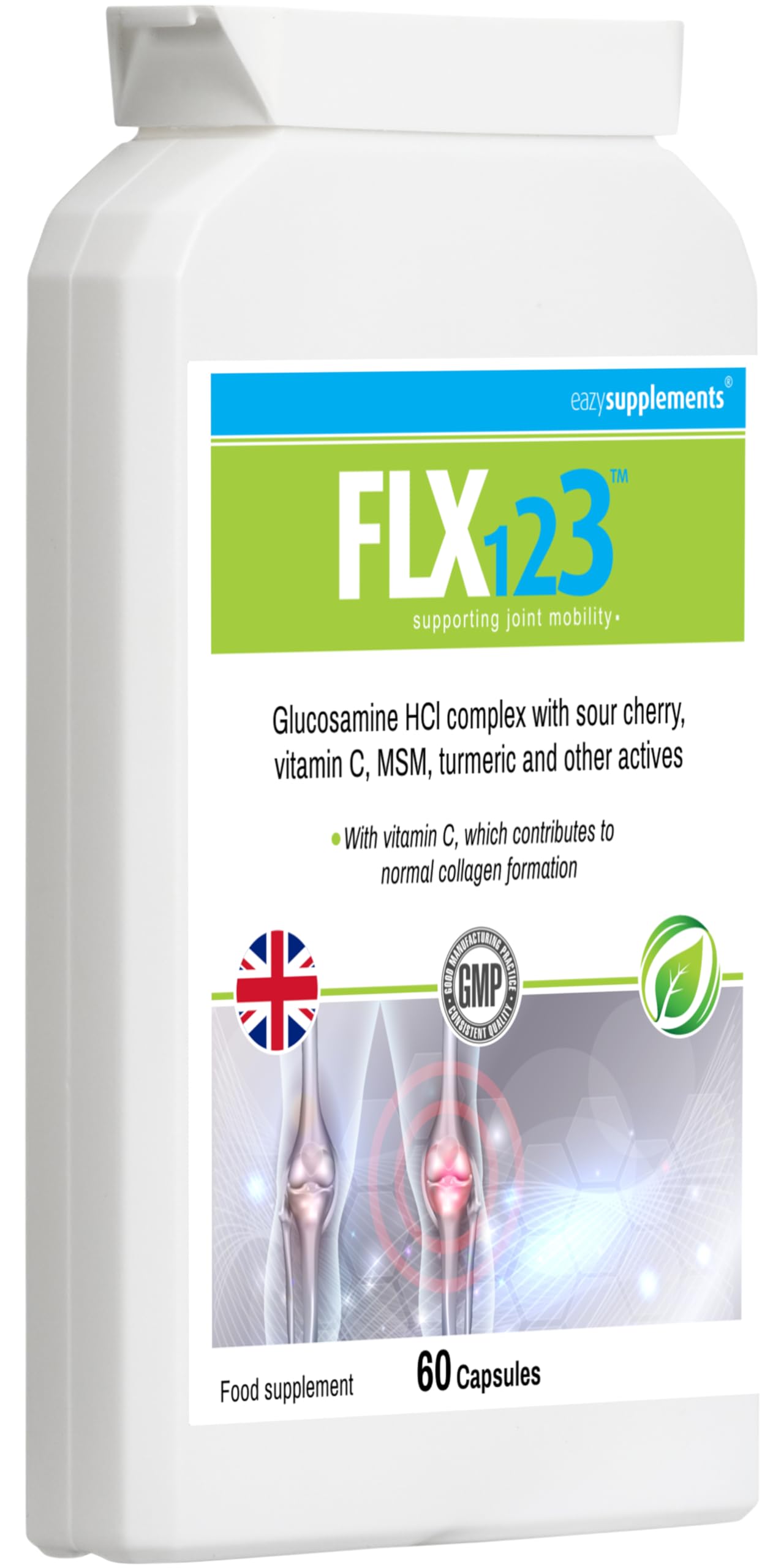 FLX123 FLX 123 - Vitamin C, Turmeric, Glucosamine, Ginseng, Rosehip, Ginger Root, Montmorency Cherry. Super Strength Formulation Helps to Maintain Joint Health, Mobility and Hydration. Turmeric Tablets.