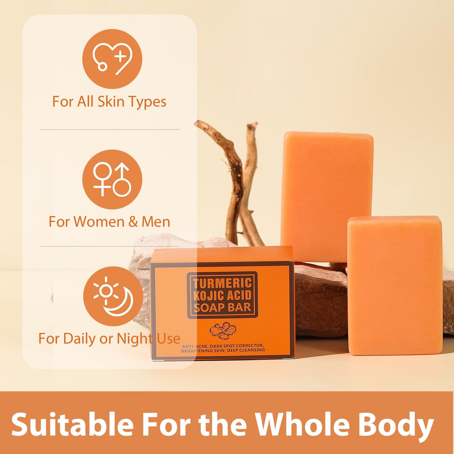 IREV Turmeric Soap with Kojic Acid, Turmeric Soap Bar For Face and Body, Kojic Acid Soap For Dark Spot Remover Brightening Turmeric Soap Bar for Acne Face Bar For Cleansing Exfoliating Wash 200g