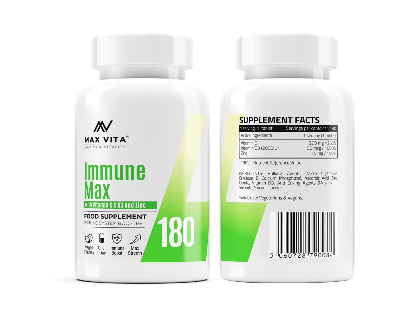 MAX VITA MAXIMUM VITALITY Vitamin C with Zinc 15mg & Vitamin D3 2000IU Multivitamin for Men & Women Immune Booster Strong Bones Teeth - 180 Vegan & Vegetarian Tablets Made in The UK