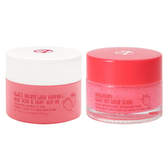 W7 Sweet Dreams Lip Scrub & Overnight Lip Mask Duo - 2Pcs Set - Strawberry Flavour - Exfoliate, Condition, Soothe & Hydrate