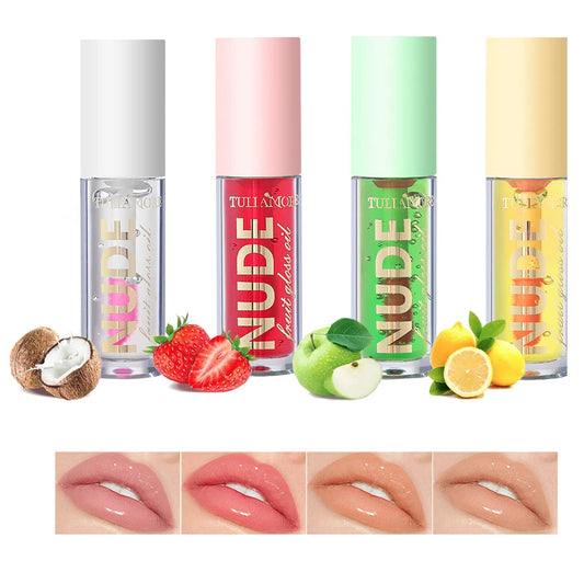 4 Pcs Hydrating Fruit Flavoured Lip Oil Set, Dulele Crystal Jelly Moisturizing No-Sticky Lightweight Lip Plumper Gloss, Transparent Lip Gloss for Dry and Chapped Lips