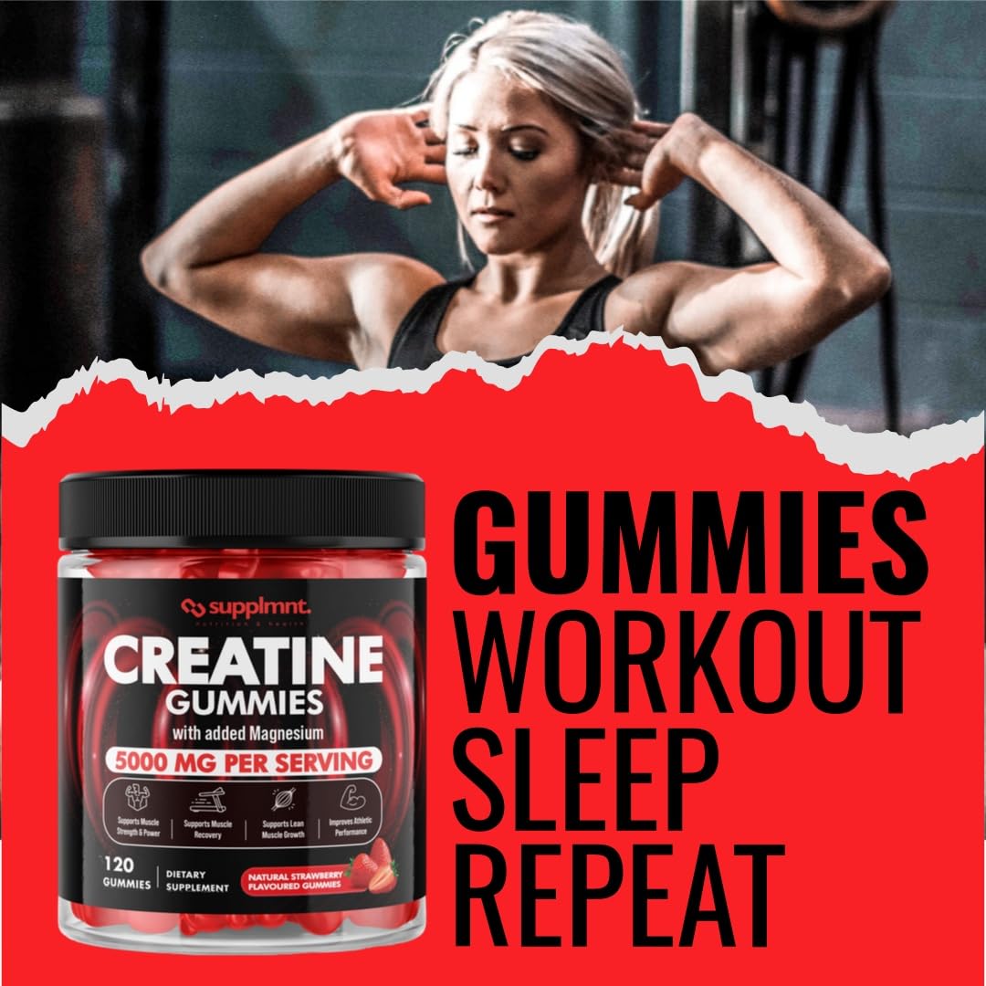 Creatine 120 Gummies Max 5000mg for Men and Women Creatine Monohydrate with Added Magnesium - Chewable Gummies, Strawberry Flavour (1 Month Supply)