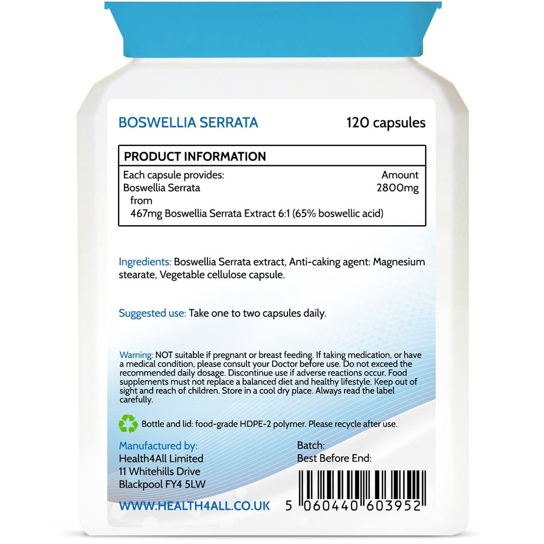 Boswellia Serrata 2800mg 120 Capsules (V) (not Tablets) Strong Anti-inflammatory OA & Joint Support. Vegan. Made in The UK by Health4All