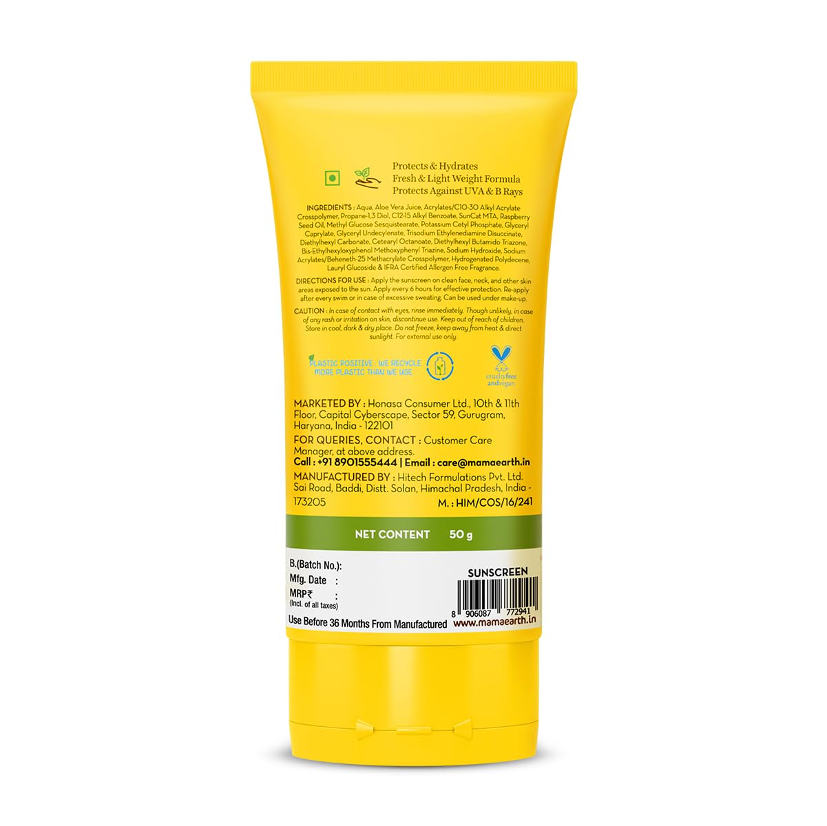 MAMAEARTH Mamaearth HydraGel Indian Sunscreen SPF 50, With Aloe Vera & Raspberry, for Sun Protection 50 g (Pack of 1)