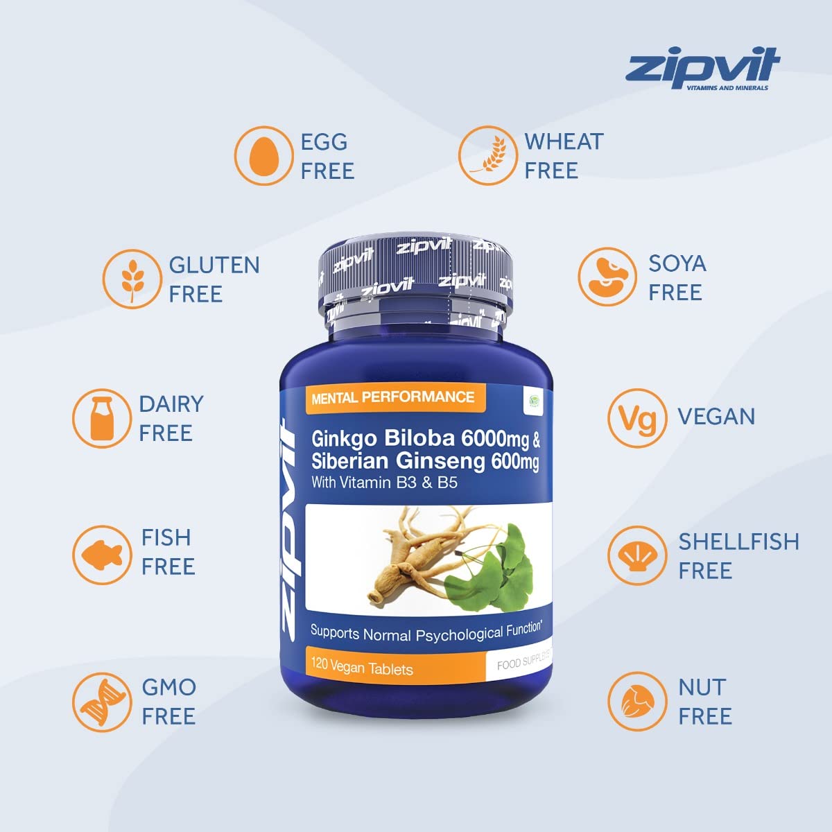 Zipvit Ginkgo Biloba and Siberian Ginseng, Standardised Ginkgo 6000mg and Ginseng 600mg with Vitamins B3 and B5. 120 Vegan Tablets for Focus,Mental Performance,Boost Energy. 4 Months Supply