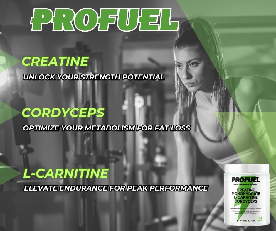 PROFUEL Creatine, L-Carnitine & Cordyceps Powder - 240g - Increase Strength & Performance - Gym Supplement for Men & Women