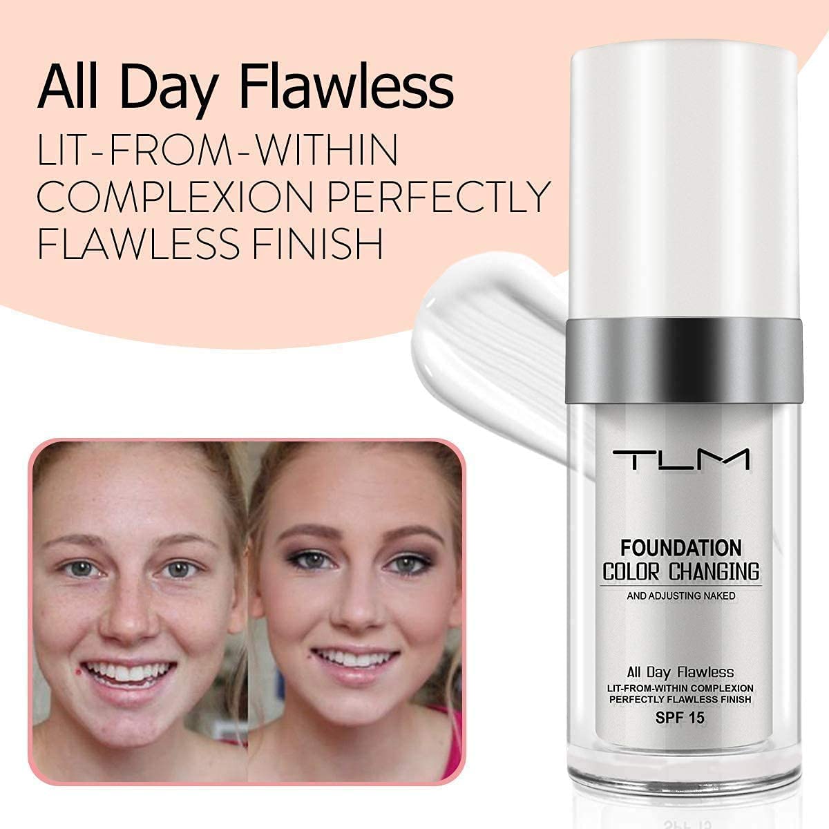 HZZYJ Flawless Colour Changing Foundation, Liquid Foundation Makeup Face ,Liquid Cover Concealer Warm Skin Tone Foundation,Base Nude Face Moisturizing SPF 15 for All Skin Types