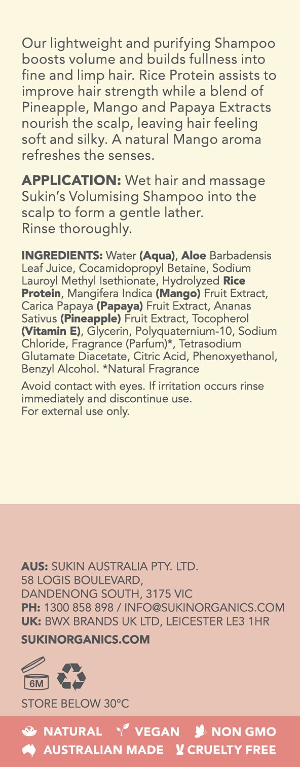 Sukin Volumising Shampoo 500ml- boosts volume & builds into fine & limp hair, nourishes the scalp, hair feels soft & silky- with Rice Protein, Pineapple, Mango, Papaya & Vitamin E; vegan friendly.