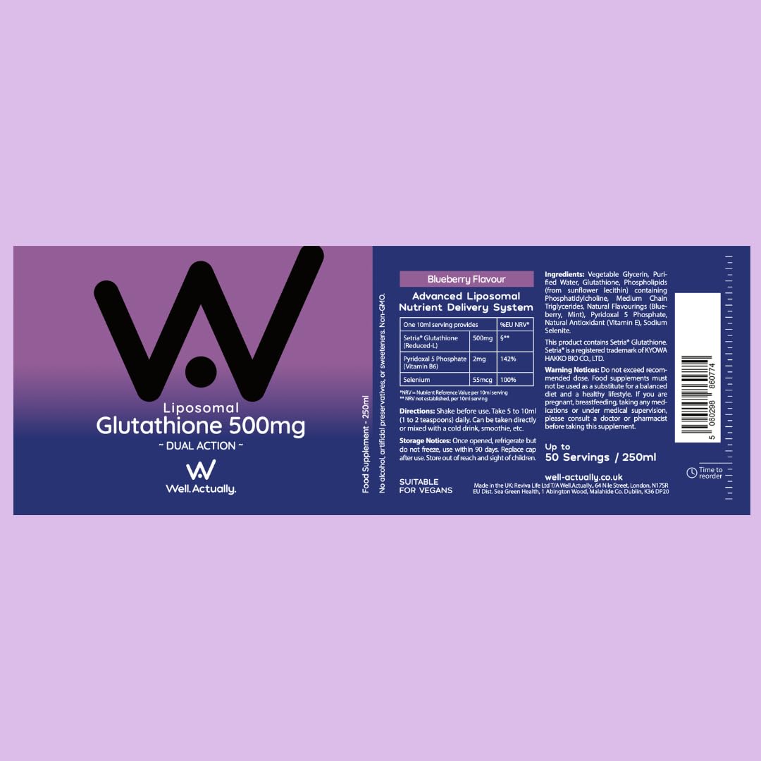 well actually WELL ACTUALLY Liposomal Glutathione 500mg (50 Servings - 250ml) High Bioavailability Setria® Glutathione Supplement with Vitamin B6 & Selenium - Powerful Antioxidant - Vegan, Blueberry Mint Flavour
