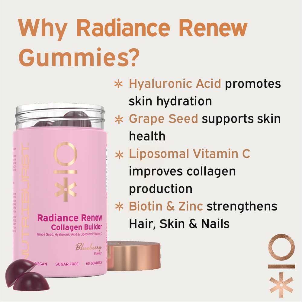 Nutriburst - Vegan Collagen Revive Gummies - Biotin (100µg), Hyaluronic Acid (100mg) + Vitamin C (80mg) - Support Natural Collagen Production, Healthy Hair, Nails & Bones - 60 Gummies 1 Month Supply