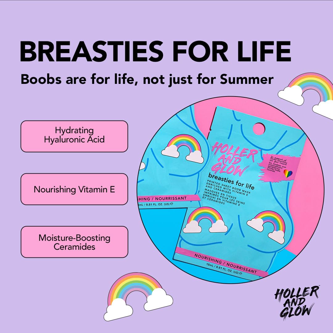 Holler & Glow Holler And Glow Breasties For Life Boob Masks. Rainbow Printed Sheet Masks, Infused with Vitamin E & Ceramides, Hydrating, Nourishing & Smoothing, Body Positive, Vegan, Cruelty Free, 15 ML