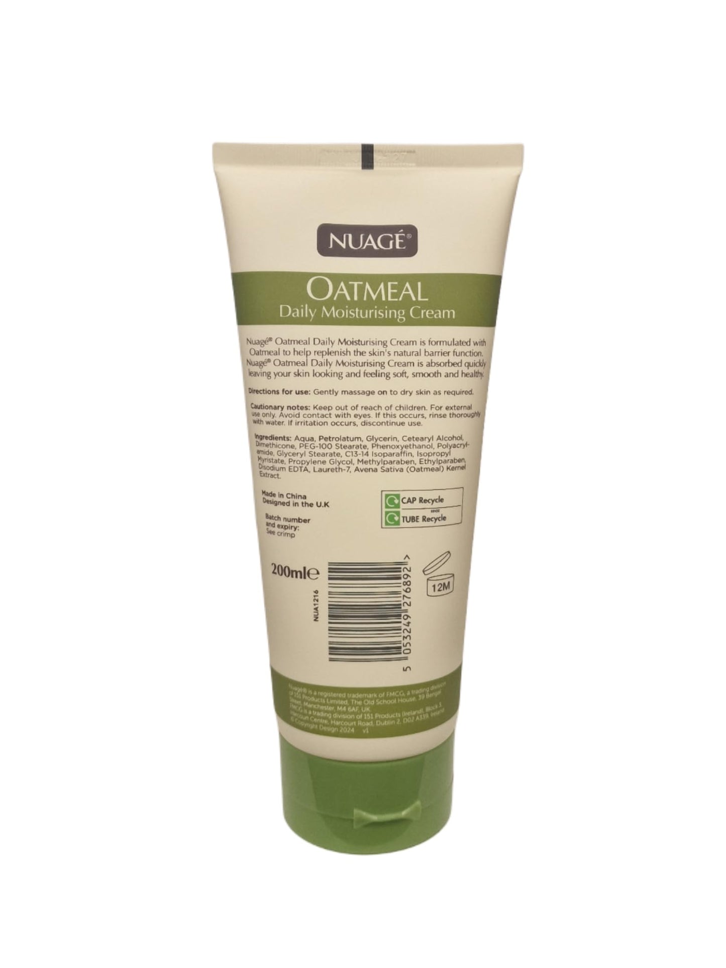 Nuage Oatmeal Daily Moisturizing Cream for All Skin Types with Soothing Oatmeal Extracts, Hydrating and Nourishing Formula, 200ml Tube