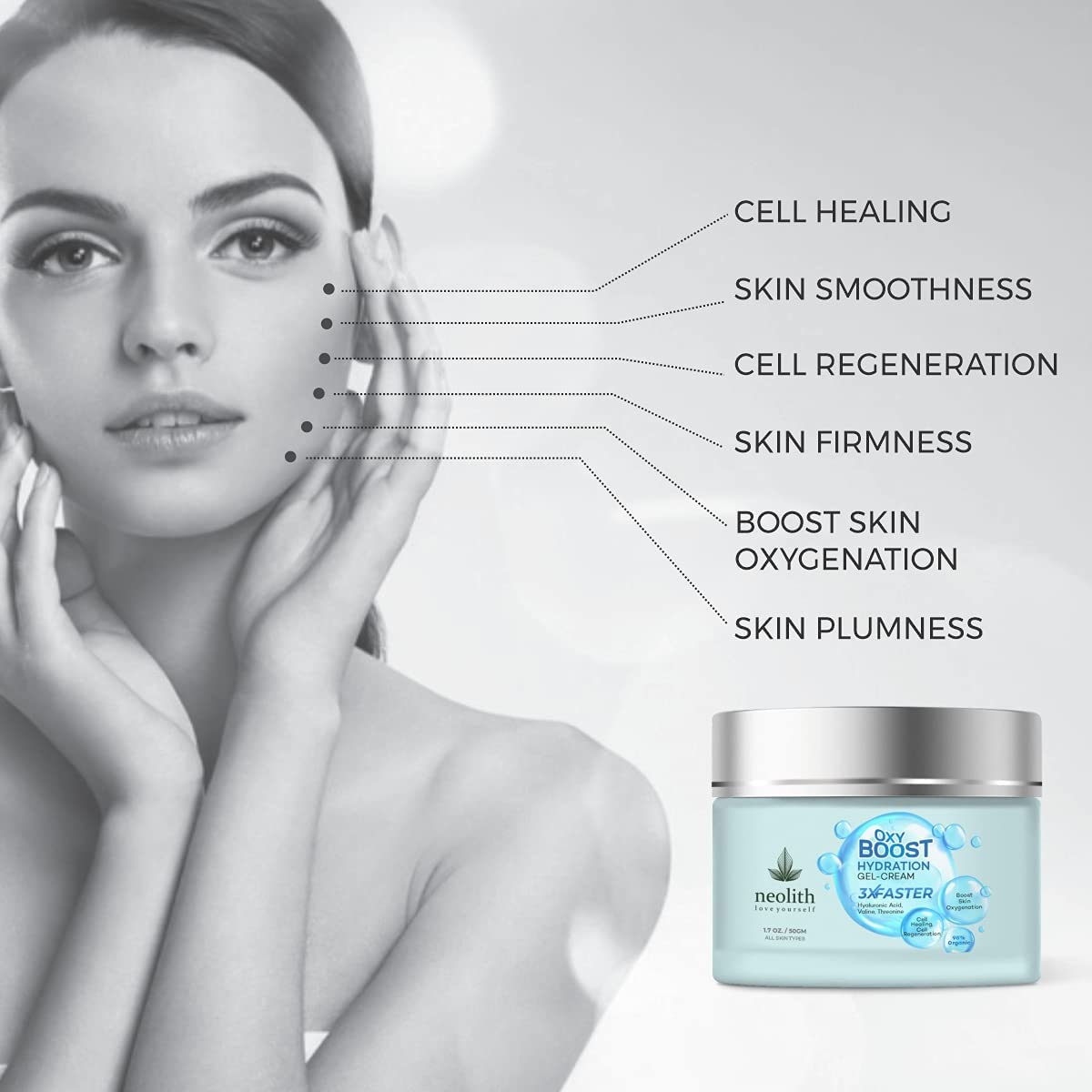 Neolith Oxy Boost Hyaluronic acid Hydration Gel Cream 98% Organic | Hydrating water gel based moisturizer for face | Cell Healing, Cell regeneration, Boost skin Oxygenation | 50 ML