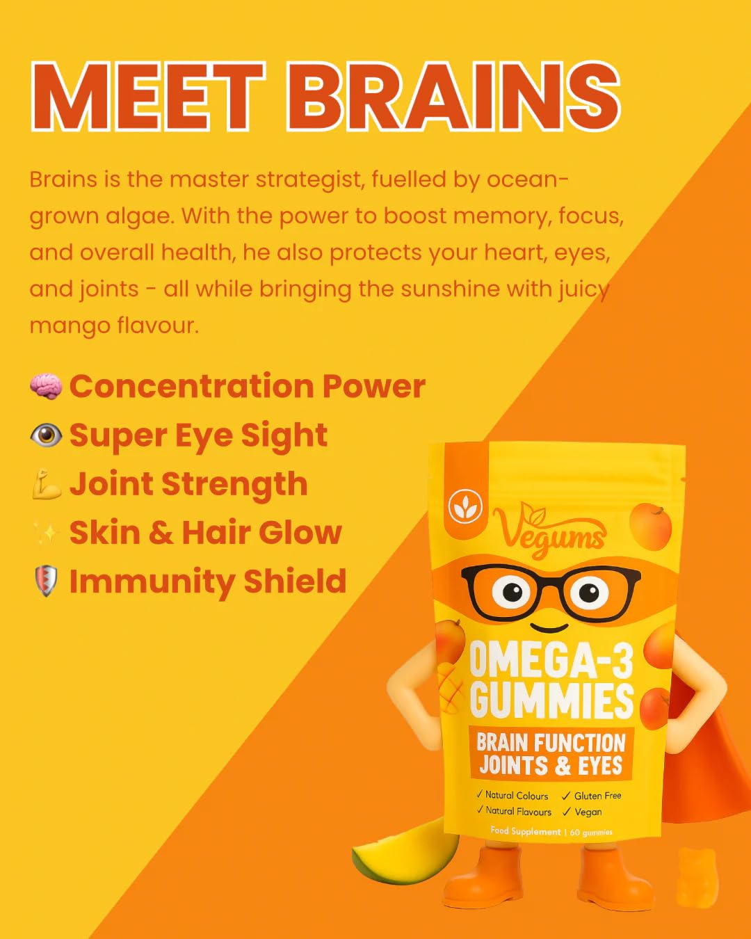 Vegums Omega 3 Gummies Vegan DHA EPA Algae Kids Adults 30 Gummies