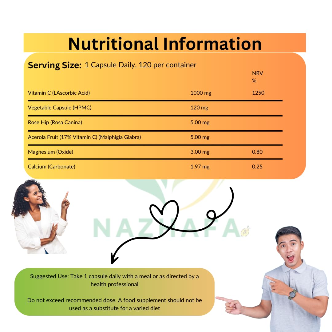 Vitamin C 1000mg - High Strength, Halal & Vegan Capsules | Enhanced with Rosehip & Acerola | Immune Support, Collagen Boost & Antioxidant Protection | Nazhafa