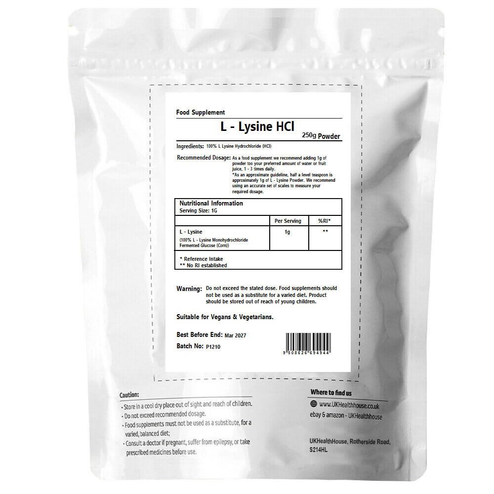 UKHealthHouse L-Lysine Powder, High Potency Essential Amino Acid, Vegan, Food Supplement, Premium Amino Acid Range, Essential Amino Acid, Gluten Free (250g)