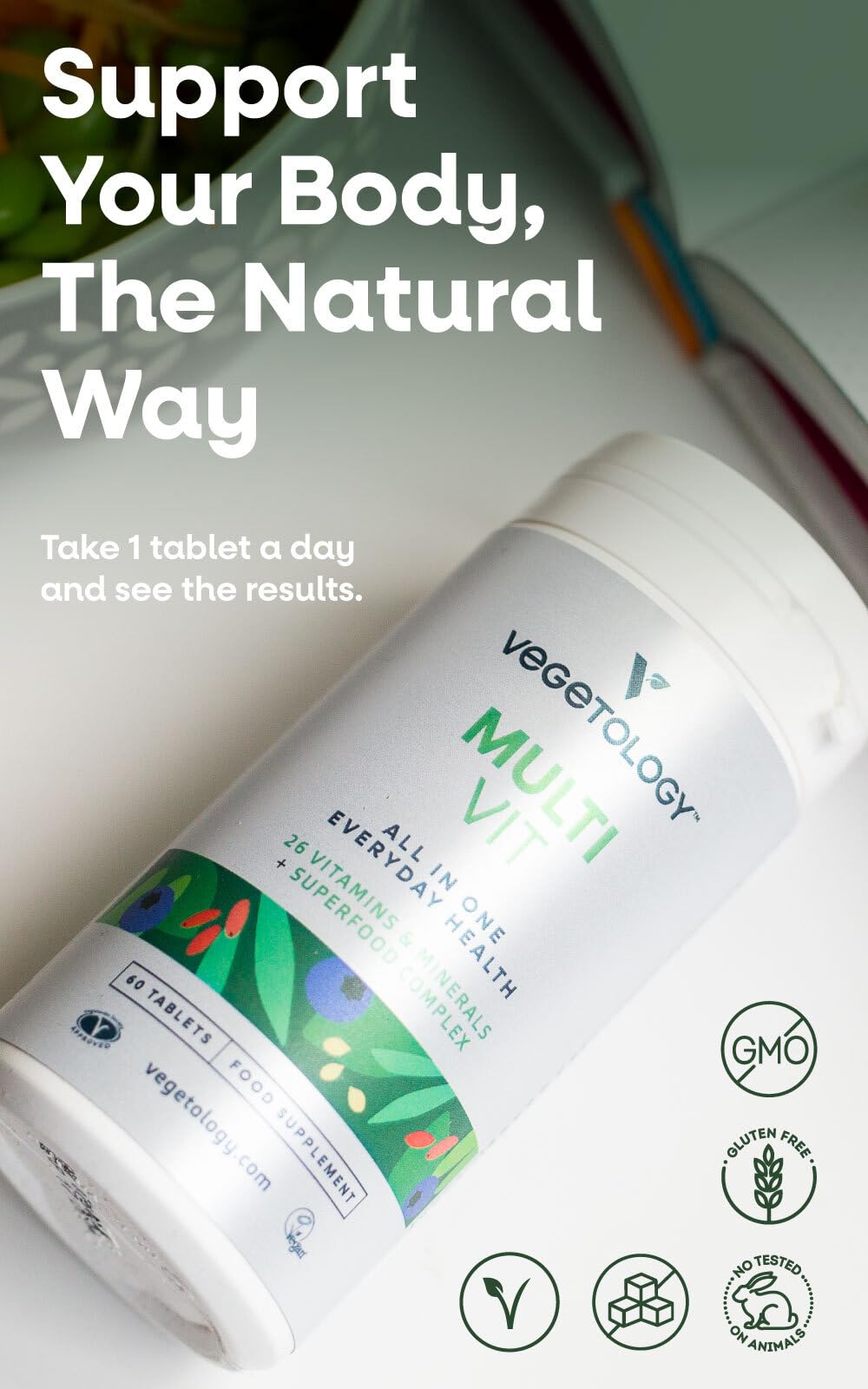 VEGETOLOGY Vegetology MultiVit Vegan Multivitamins w/26 Vitamin & Mineral Supplements – Vitamin Supplements for Metabolic, Brain Function & Immune Support – Multivitamin for Women, Men & Children