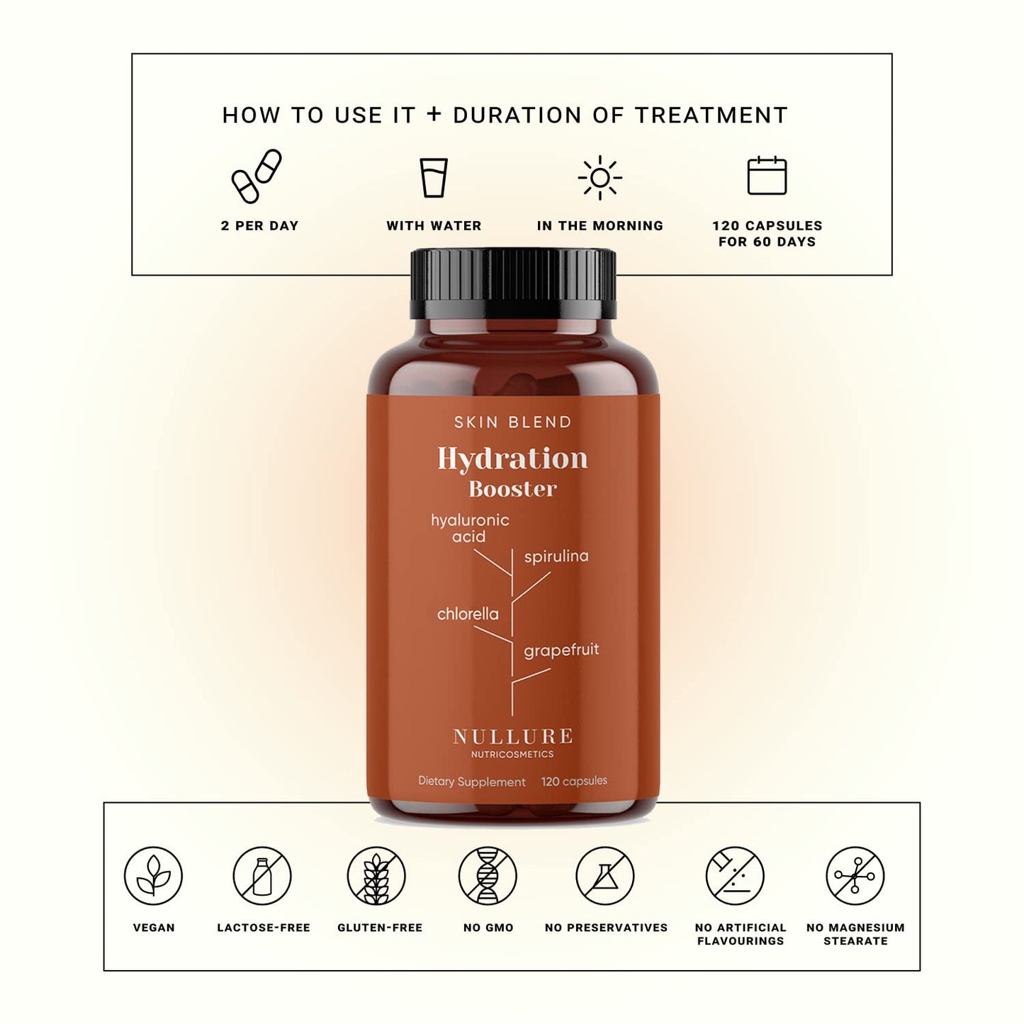 Hyaluronic Acid Nullure I Anti-Aging · Hydration · Skin Tone I Vegan Formula I - Hyaluronic Acid + Spirulina + Chlorella + Vitamin B3 + Black Radish + Grapefruit - 120 Capsules (2 Months)