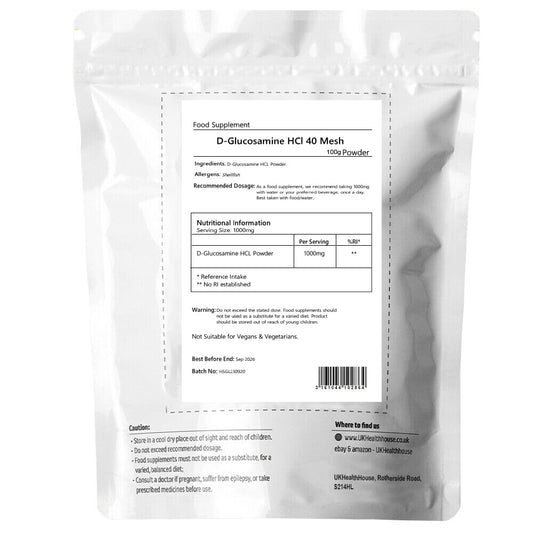 UKHealthHouse Glucosamine Hydrochloride Powder Joint and Cartillage Support Extra Strength 40 Mesh D-Glucosamine HCL Powder Glucosamine HCL Supplement (100g)
